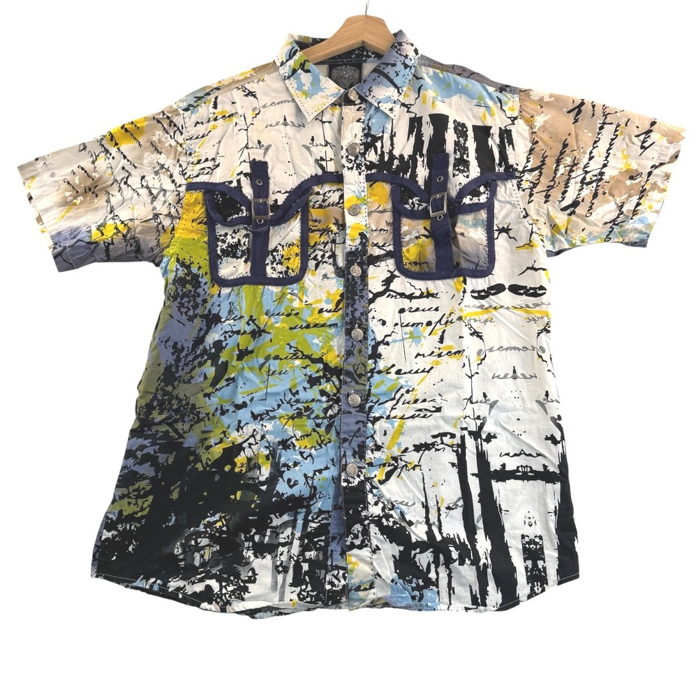 Hama Button Down Graphic Shirt Mens Large Multicolor Crest Rhinestone Buckle